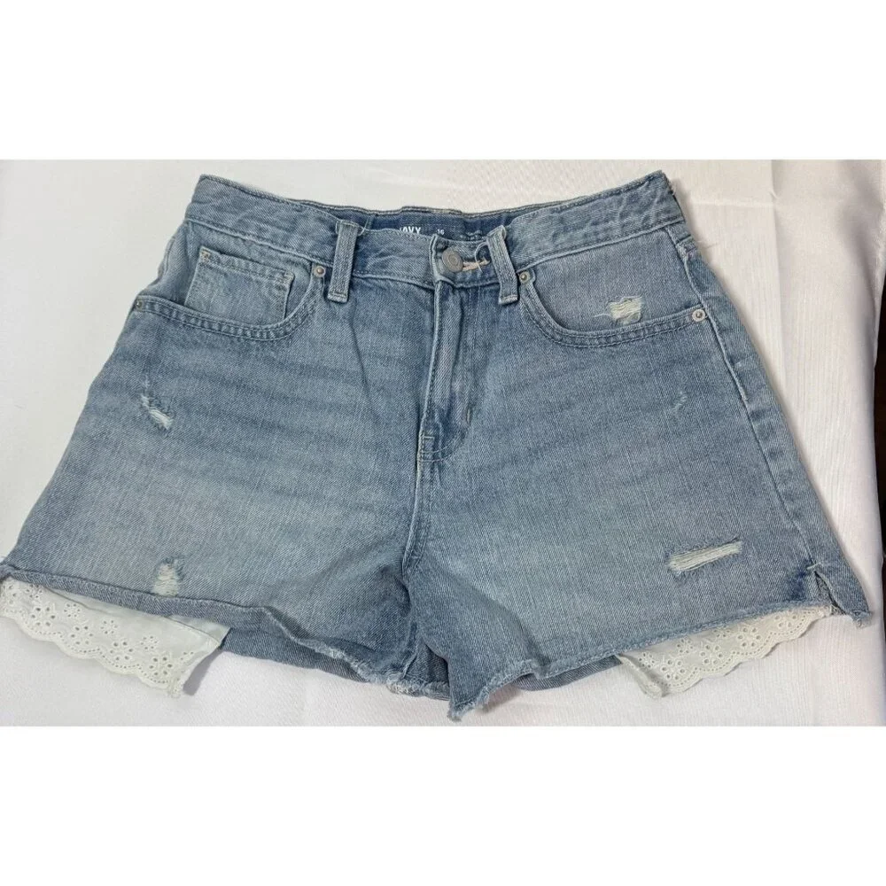 Old Navy Girls‎ High Rise Light Wash Lace Trim Jean Shorts 16 Adjustable Waist